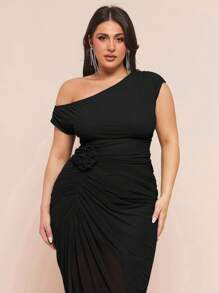 SHEIN BAE 大码绿色 3D/压花花卉长裙，优雅礼服，适合夏季/女士夏装/夏装、海滩、度假、返校、春夏连衣裙、荷叶边侧开衩长裙/婚纱/伴娘礼服/鸡尾酒会礼服/派对礼服、女士夏装、女士婚礼宾客礼服