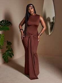 Maweii Women Plus Size Sleeveless Bowknot Shift Dress - Brown - View 4