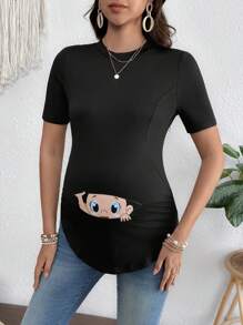 SHEIN 圆领短袖印花哺乳T恤 - 黑色 - 查看 7