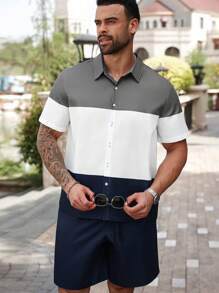 Manfinity Homme Men's Plus Size Summer Casual Contrast Color Patchwork Shirt And Shorts Set - Multicolor - View 5