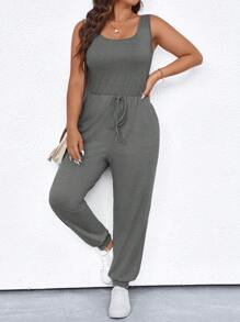 SHEIN LUNE Plus Size Solid Color Crew Neck Sleeveless Jumpsuit With Pockets, Casual For Summer - Dark Grey - View 6