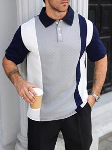 Manfinity Homme Plus Size Men's Casual Summer Contrast Texture Button Polo Shirt, Half-Open Collar Short Sleeve - Multicolor - View 5