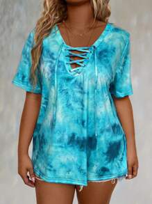 LONESS Plus Size Tie-Dye Printed Drawstring Short Sleeve Summer T-Shirt - Multicolor - View 5