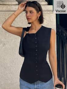 SHEIN Essnce Chaleco ajustado de unicolor con decoración de hebilla de metal y diseño asimétrico