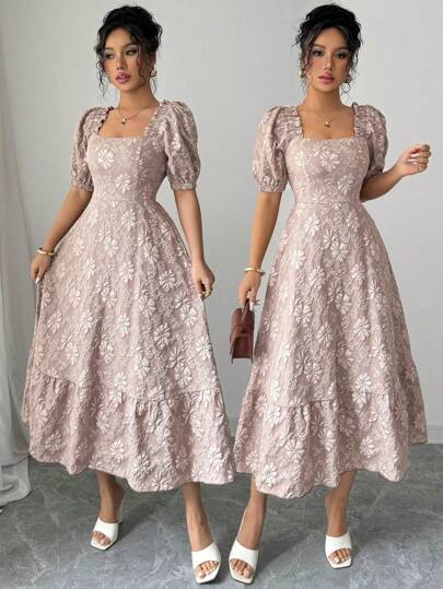 Elenzga Vestido casual/de vacaciones de mujer con cintura ceñida, textura de mini margaritas sólidas y mangas abullonadas