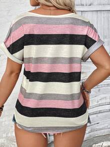 SHEIN EMERY ROSE CURVE 女式休闲 V 领短袖条纹彩色印花大码 T 恤，春夏 - 彩色 - 查看 2