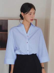 Dazy-Less 宽松休闲商务简约条纹七分袖女式衬衫 - 藍色 - 查看 2