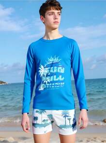 SHEIN Tween Boy Coconut Tree Print Swimwear Set, Holiday Beach - Multicolor - View 1