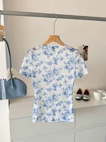 SHEIN LUNE Blue & White Print Sheer Net Crew Neck Short Sleeve Women T-Shirt, Casual Vacation Daily Wear, Spring & Summer  Tops Cute Summer Tops Beach Vacation Outfits Cute Tops Mesh Top Vacation Tops Sheer Top - Blue and White - View 3