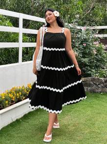 SHEIN EZwear Váy dây màu tương phản giản dị dành cho nữ - màu đen - Xem 4