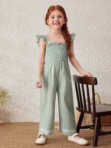 Blossori Young Girls' Countryside Style Ruffle Hem Embroidery Suspender Pants - Green - View 5