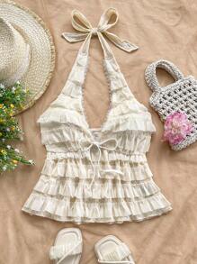 Soleia 女式针织波尔卡圆点纹理挂脖系带褶饰 V 领修身 A 字背心，适合派对、约会、婚礼、下午茶、性感修身、时尚上衣、西部风、音乐节、海滩、游轮、春夏度假 - 白色 - 查看 1