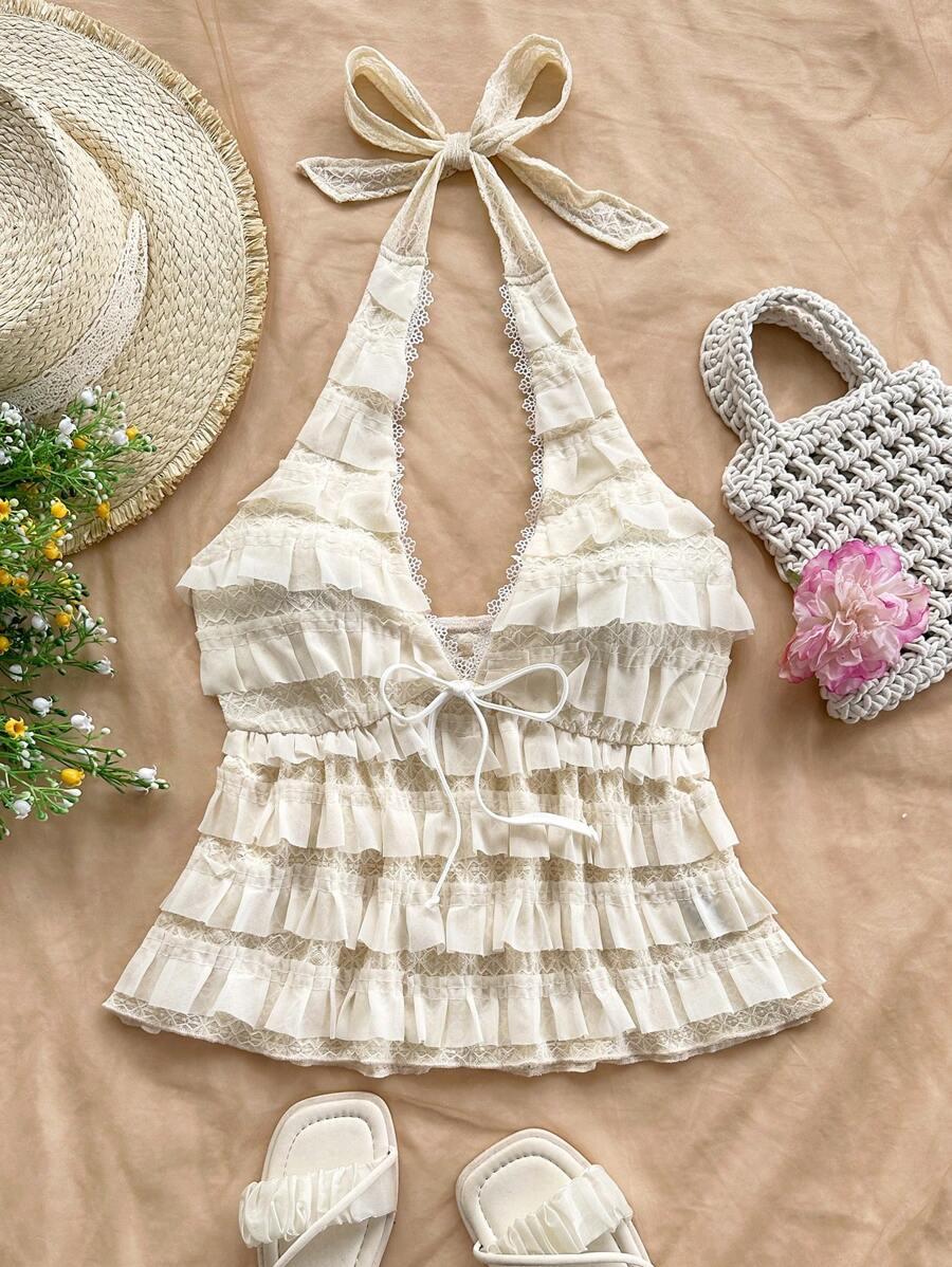 Soleia 女式针织波尔卡圆点纹理挂脖系带褶饰 V 领修身 A 字背心，适合派对、约会、婚礼、下午茶、性感修身、时尚上衣、西部风、音乐节、海滩、游轮、春夏度假 - 白色 - 查看 1