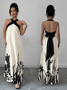 Rafferiza 女式夏季波西米亚风格度假 V 领露背蝴蝶结肩带拼色喇叭下摆纯色印花图案长裙 - 杏色 - 查看 5