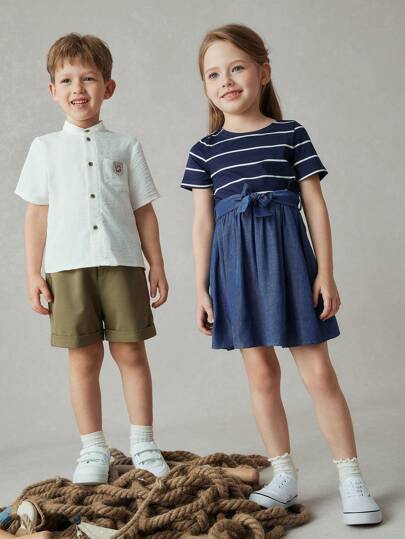 Blossori Young Boys French Elegant White Stand Collar Shirt/Green Shorts Set, Spring/Summer