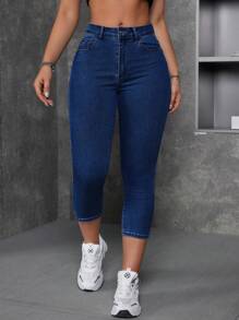 SHEIN EZwear Women's Pocketed Fitted Casual Versatile 7/8 Length Jeans