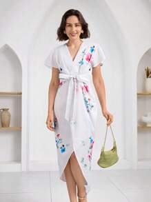 Miaspire Women's Floral Print Ruffle Sleeve Asymmetric Hem Dress, Office/Commuting Outfit, Tea Party Dress - White - View 4