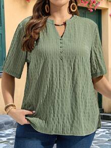 Rusticease Camisa de verano casual de talla grande, de unicolor, con botones delanteros y manga corta - verde menta - Ver 3