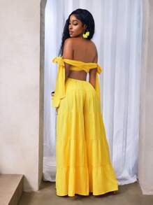 BamGleam Women Casual Solid Color Ruched Bust Off Shoulder Jumpsuit, Summer - Yellow - View 2