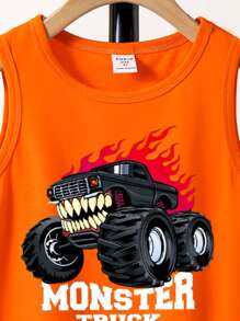 SHEIN Leap Crew Boys' Casual Cool Monster Graphic Print Round Neck Tank Top, Suitable For Summer