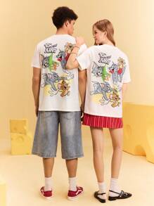 TOM & JERRY X SHEIN 男士休闲卡通老鼠和猫印花圆领短袖T恤，夏季 - 白色 - 查看 5