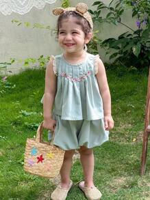 LMoss Kids LMoss   2pcs Baby Girl Lace Trim Sleeveless Top And Ruffle Shorts Set - Green - View 3