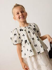 Maija Kids Maija Kids Áo cánh họa tiết hoa nhỏ giản dị rộng rãi trang trí nơ cho bé gái - màu đen - Xem 4