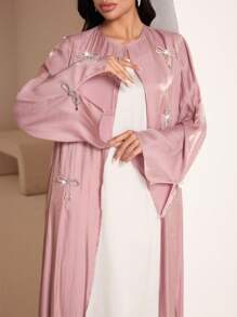 Veilorie Women's Long Sleeve Bow Decor Arabic Abaya Cardigan, Modest Robe - Dusty Pink - View 2