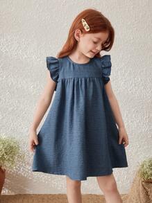 SHEIN Young Girls Blue Floral Jacquard Ruffle Hem Woven Dress - Blue - View 1