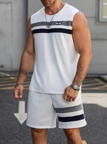 Manfinity Homme Plus Size Men's Summer Casual Contrast Color Round Neck Tank Top And Shorts Set - Multicolor - View 3