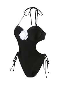 Swim SXY Women's Vacation Party Beach Black & White Nylon Fabric One Piece Swimsuit For Summer - Black and White - View 4