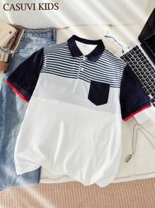 SHEIN Teenage Boys' Striped Print Polo Collar Button-Up Short Sleeve Tee - White - View 7