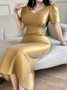 DAZY 女士纯色V领泡泡袖褶皱中长连衣裙 - 綠色 - 查看 6