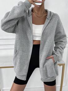 SHEIN Solid Drop Shoulder Zip Up Thermal Hoodie,Long Sleeve Tops Graduation,Back To School Outfits,Graduation,Teacher Outfits For Women,Back To School Pullover Fall Outfit