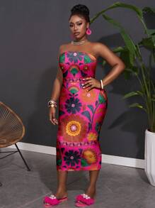 Slaydiva Plus Size Women Casual Floral Print Full-Width Print Bandeau Dress, Summer,Sun Dresses For Women Suitable For Going Out Chic Dress - Multicolor - View 7