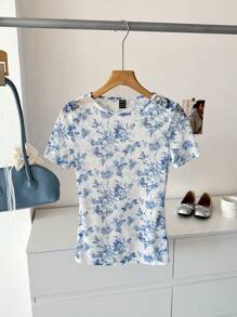 SHEIN LUNE Blue & White Print Sheer Net Crew Neck Short Sleeve Women T-Shirt, Casual Vacation Daily Wear, Spring & Summer  Tops Cute Summer Tops Beach Vacation Outfits Cute Tops Mesh Top Vacation Tops Sheer Top - Blue and White - View 2