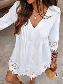 INAWLY Vestido de manga comprida com decote em V e patchwork de renda, cor sólida, moda para o verão - Branco - Ver 4
