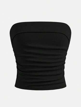 Top cropped negro de tubo de punto acanalado con fruncido lateral, ajustado y sin mangas, versátil y casual para niñas preadolescentes