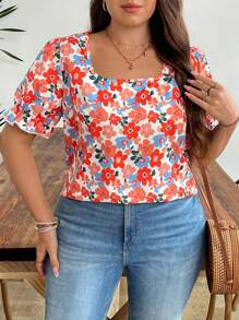 EMERY ROSE Women's Casual Bohemian Style Square Neck Short Sleeve Printed Blouse, Summer