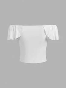 SHEIN Essnce Women's Off-Shoulder 3D Floral Decor Ruffle Hem Blouse - White - View 2
