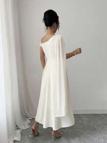 Selianne Floral Asymmetrical Neck Elegant Long Dress With Ribbon Detail For Women - Apricot - View 2