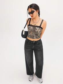 SHEIN PETITE Classic Solid Pocket Button Straight-Leg Casual Jeans