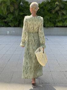 Vacation Beach Boho Ditsy Floral & Plant Print Chiffon Midi Dress With Ruffle Hem And V-Neck,Fall Dress Long Sleeve Dress - Avocado Green - View 2