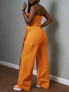 Slaydiva 2025 Summer New Music Festival, Påsk, Western, Nomadisk, St. Patrick's Day, Födelsedagsfest, Examen, Studentkläder, Daglig fritid, Semester, Kryssningsresor, Strand, Sola, , Street Style, Minimalistisk Casual All-Match, Cargo-fickor, Bandeau, Slips i midjan, Metallspänne, Gul, Jumpsuit för kvinnor - Orange - Visa 3