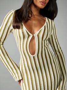 MISSGUIDED 条纹长袖锁孔透视超长海滩罩衫