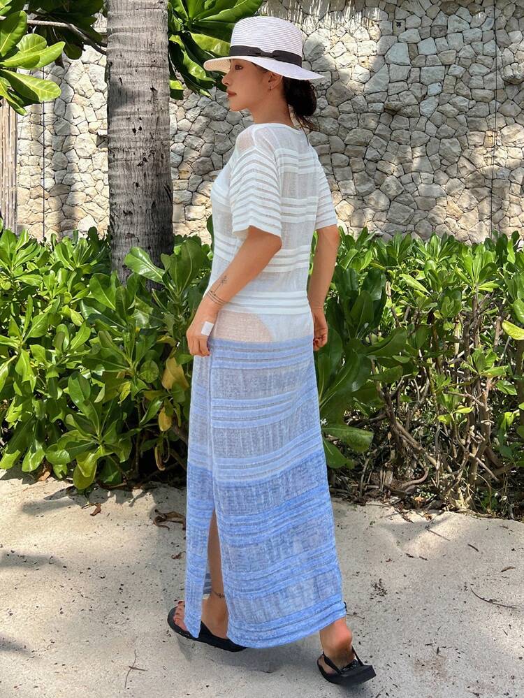 Women's Ombre Hollow Out Short Sleeve Beach Cover Up Dress, Spring/Summer Vacation