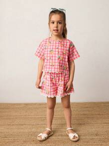Maija Kids Maija Kids 2pcs Young Girl Casual Plaid Pattern Shirt & Shorts Set - Pink - View 5