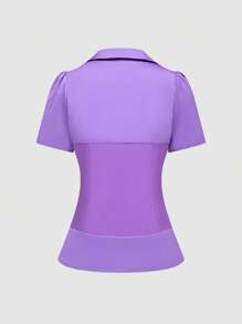 SHEIN Unity Women's Collared Contrast Color Short Sleeve Slim Fit Button Blouse, Summer - Purple - View 2