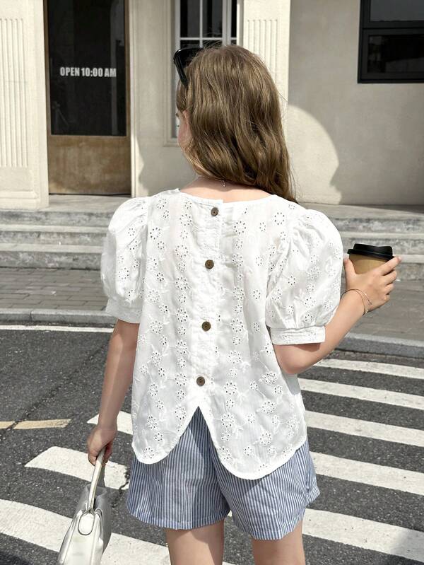 SHEIN Tween Girls Woven Hollow-Out Embroidered Ruffle Puff Sleeve Back-Button Decor Fitted Casual Vacation Shirt,Back To School, Summer Tops,Tween Girl Clothes,Babydoll Top,White Top,White Shirt,Cute Tops