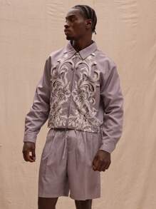 Musero Cropped Zip Up Boxy Floral Nylon Jacket Spring, Summer, Streetstyle - Khaki - View 1